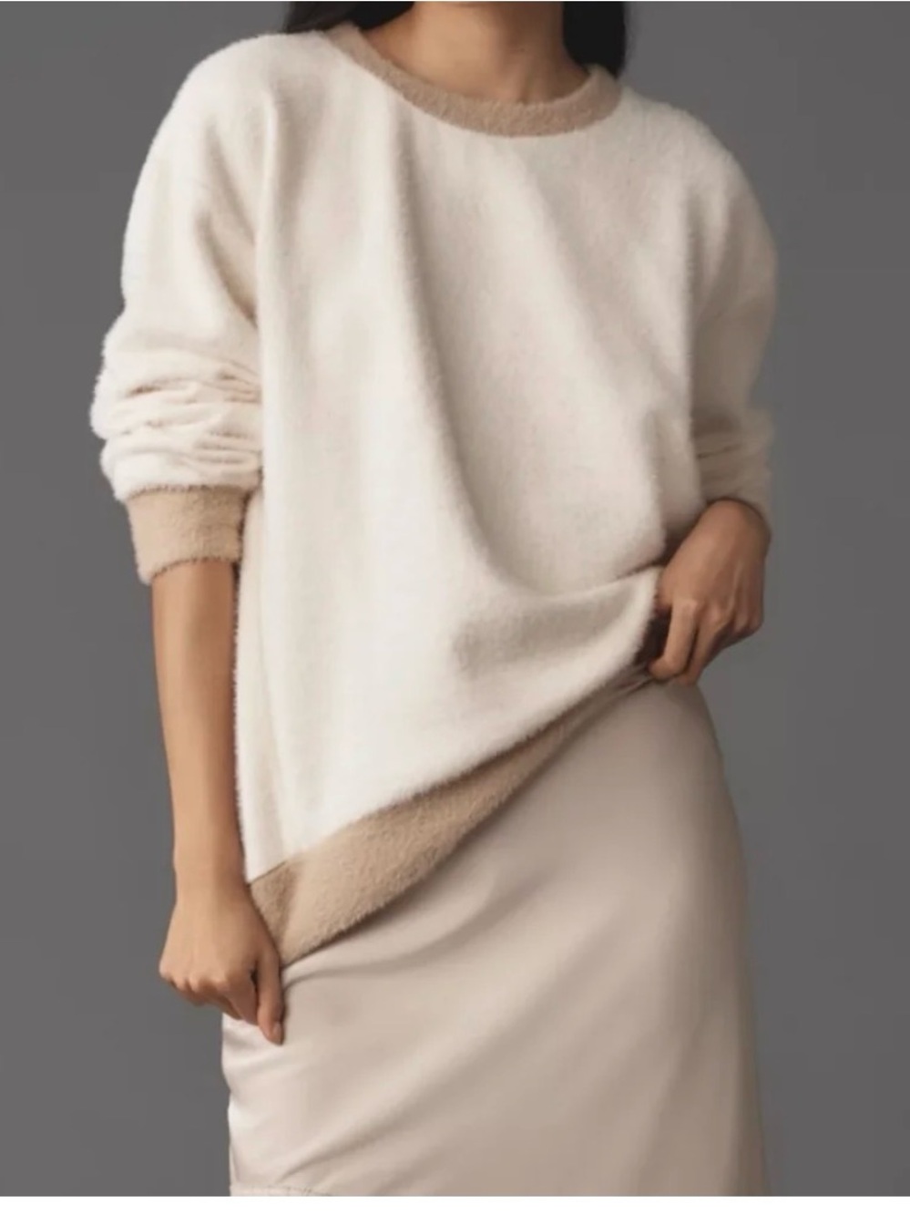 Anthro Maeve Cream Sweater with Tan Trim - Soft Two-Tone Crewneck